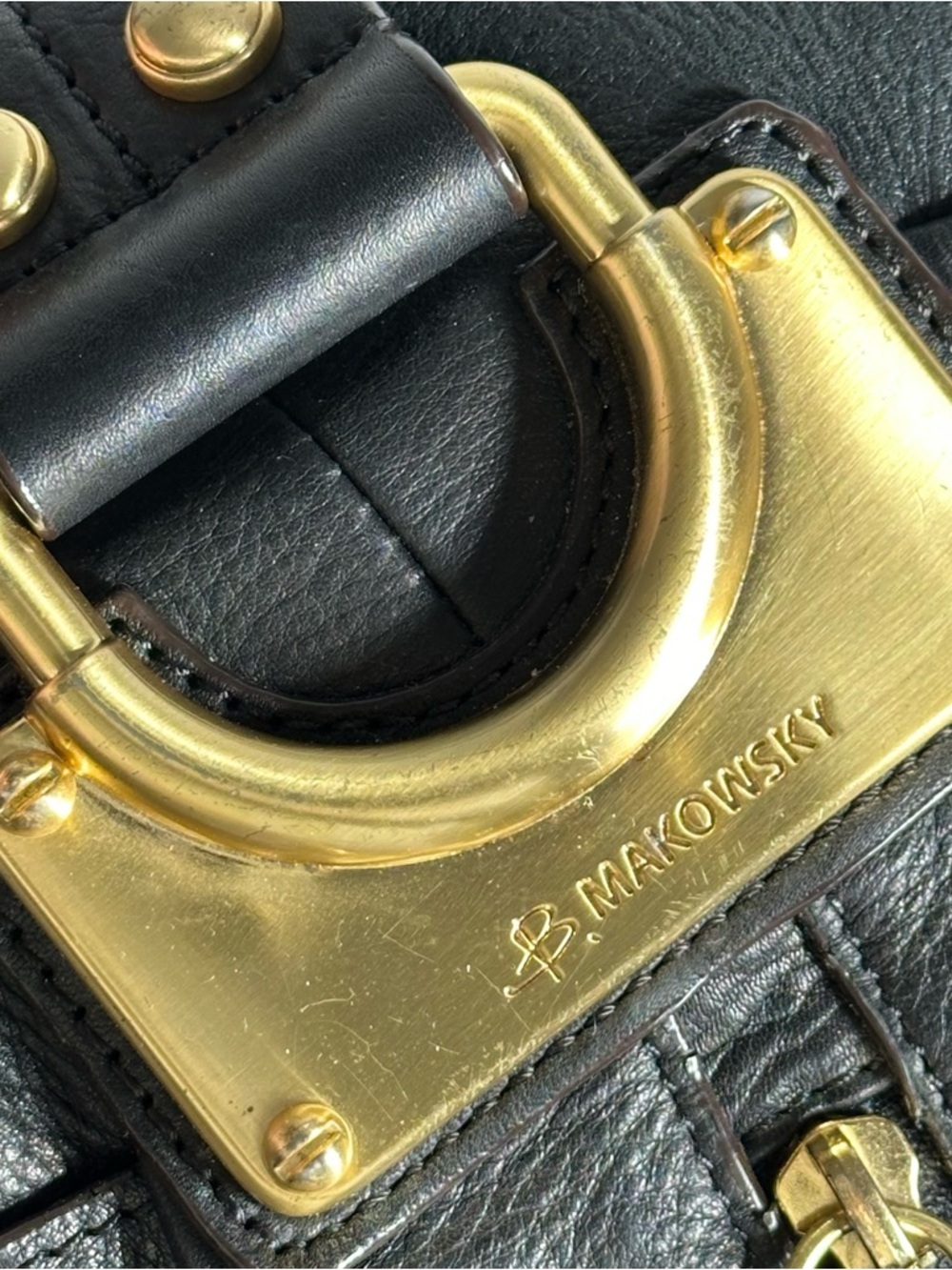 b. makowsky Black Leather Gold Logo Hardware Montgomery Shoulder Satchel Bag - Picture 10 of 14